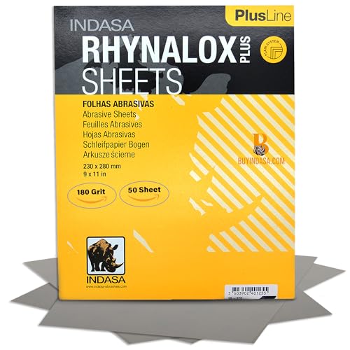 Indasa 50 PCS 9x11 Sandpaper Rhynalox Plusline - Dry Sanding Sheets, 180 Grit, Professional-Grade Abrasive for Wood, Metal, Automotive, and Paint Finishing - Durable, Clog-Resistant Sand Paper - size: 180 GRIT 9x11" Rhynalox
