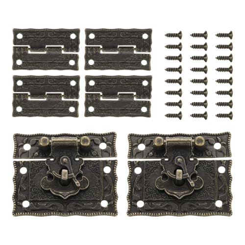uxcell 2pcs Retro Bronze Alloy Latch Locks and 4pcs Engraved Hinges, 51 x 44mm Latch Buckle and Pattern Hinge with 24pcs Screws for Decorative Cabinet Small Wooden Box - size: 51 x 44mm
