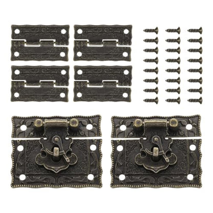 uxcell 2pcs Retro Bronze Alloy Latch Locks and 4pcs Engraved Hinges, 51 x 44mm Latch Buckle and Pattern Hinge with 24pcs Screws for Decorative Cabinet Small Wooden Box - size: 51 x 44mm