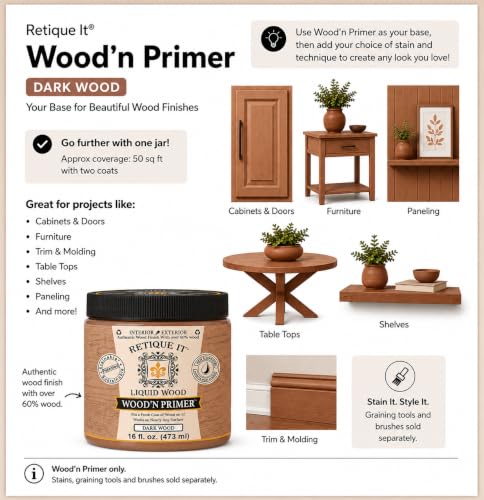 Retique It Wood'n Primer - Paint it then stain it - Stainable Wood Fiber Paint (Dark Wood, Medium) - color: Dark Wood, size: 16 Fl Oz (Pack of 1)