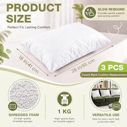 Leinuosen 3 Pcs 16x26 Shredded Memory Foam Couch Back Cushion Replacement - size: 16 x 25 Inch