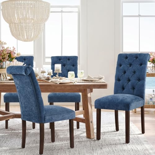COLAMY Button Tufted Dining Chairs Set of 4, Parsons Upholstered Fabric Dining Room Chairs Kitchen Chairs with Wood Legs and Padded Seat, Blue - color: Blue, size: set of 4