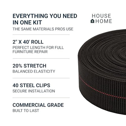 House2Home Upholstery Webbing Roll with Clips, 2" x 40'