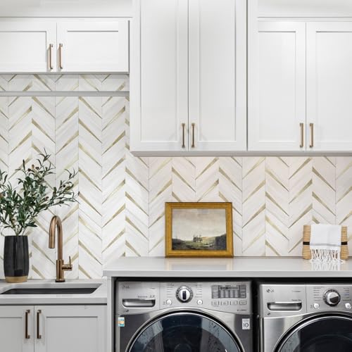 STICKGOO Herringbone Tile Peel and Stick Backsplash for Kitchen&Bathroom - color: Dolomite White Mixed Light Gold