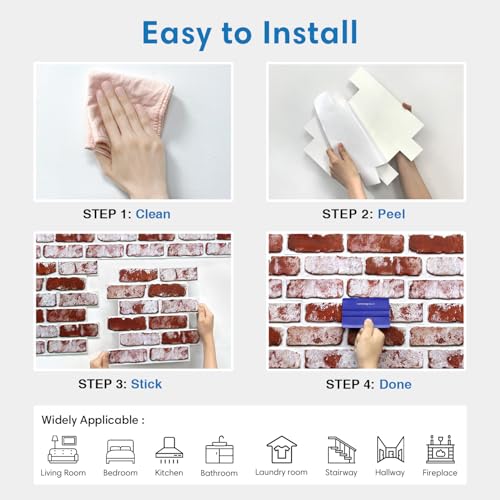 COMSTICKC 3D Faux Brick Wall Panels Peel and Stick, 10 Pcs 11.8" x 11.8" - color: Whitewash Red - 2