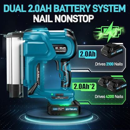 Cordless 2" Brad Nailer for Wood, 2-in-1 18GA Nail Gun, 2×2.0Ah Batteries