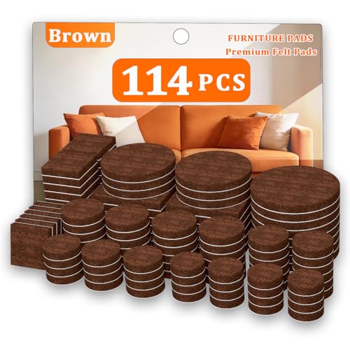 Felt Furniture Pads 114 PCS, 7 Sizes, Felt Pads for Chair Legs, Suitable for Round and Square Chair Legs, to Prevent Scratches, Reduce Noise and Protect the Floor (Brown)