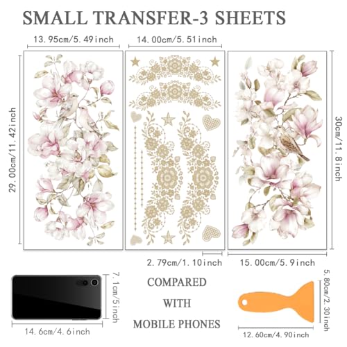 OLYCRAFT 3Pcs Pink Magnolia Rub on Transfers for Furniture 6x12 Inch Love Birds Furniture Decals Decor Golden Lace Transfer Stickers with 1Pc Scraper for Valentine's Day Glass Cups Cabinets Decor - style: Love birds