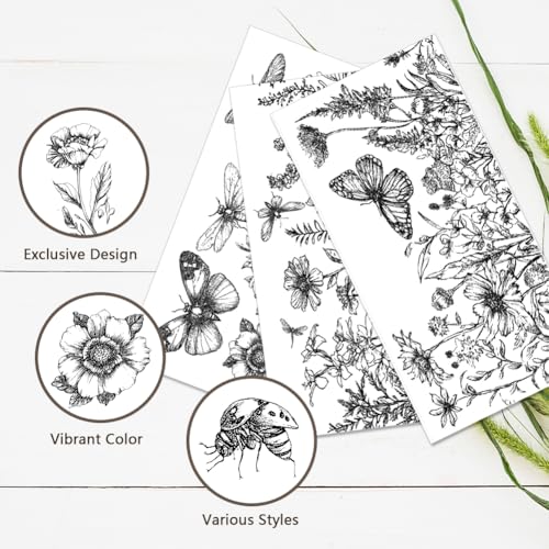 PLIGREAT 3 Sheets Black Flowers Rub on Transfer for Furniture 6"x12" Sketch Floral Butterfly Craft Transfer Rub on Dressers Wardrobe Decor Insect Transfers Decals for Scrapbooking Crafts Decorative - style: Sketch Flower