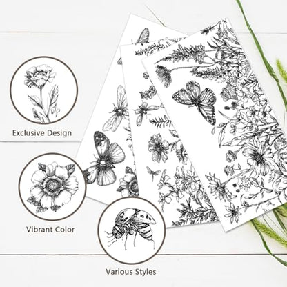 PLIGREAT 3 Sheets Black Flowers Rub on Transfer for Furniture 6"x12" Sketch Floral Butterfly Craft Transfer Rub on Dressers Wardrobe Decor Insect Transfers Decals for Scrapbooking Crafts Decorative - style: Sketch Flower