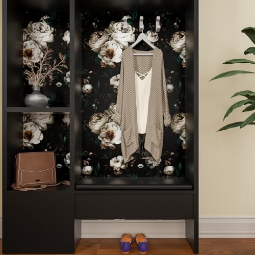 Laatse Dark Black Floral Wallpaper Peel and Stick 17.5" × 118" - color: Black/White, size: 17.5" x 118"