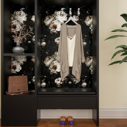 Laatse Dark Black Floral Wallpaper Peel and Stick 17.5" × 118" - color: Black/White, size: 17.5" x 118"