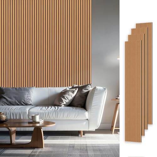 SMARTSTANDARD Wood Slat Acoustic Wall Panels 4 Pack 94"x12.6" Light Brown, - color: Light Brown, size: 94.5" x 50.4"