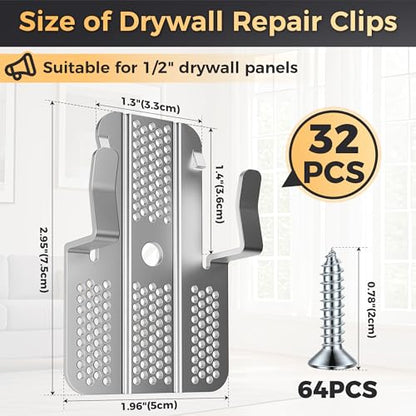32 Pack Drywall Repair Clips,Easy Install Drywall Clip, Drywalls Patch Clip - color: Silver-32