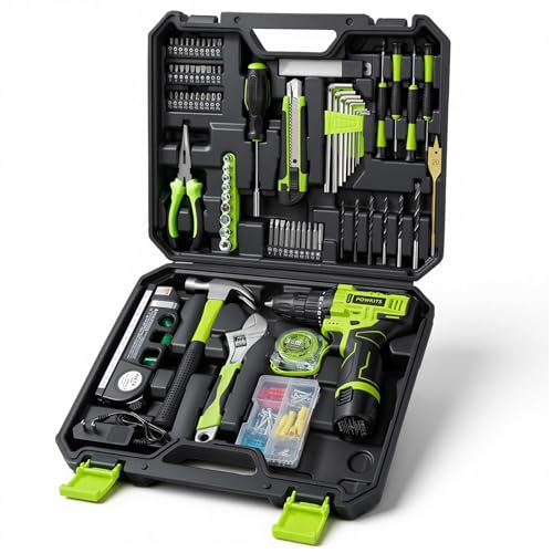 12V Cordless Drill Tool Set, 25+1 Torque Setting, Tool Kit Box for Home - color: Green, size: 142PCS-12V