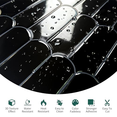 10-Sheet Upgraded Thicker Peel and Stick Kitchen Backsplash Tiles - color: Black