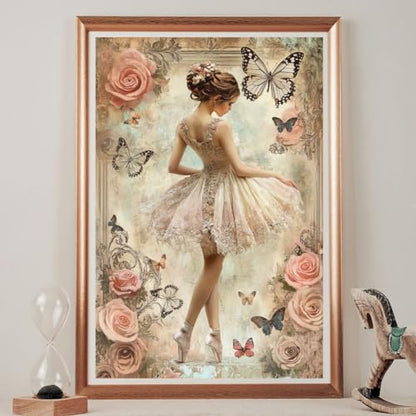 Peacoblue Retro Ballet and Roses Rub On Transfers for Furniture 6"x12" - style: Retro Ballet Dancer and Pink Roses