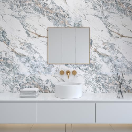 32"x354" Large White Bule Marble Paper Thick Vinyl Granite Adhesive Waterproof peel and stick Wallpaper Textured kitcheh Barthroom Countertops Contact Paper Wall Sticker Top Wall Mural Backsplash Wrap - color: Bule White Gold, size: 32" x 354"