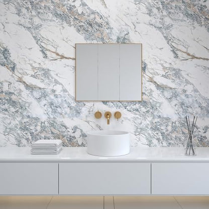 32"x354" Large White Bule Marble Paper Thick Vinyl Granite Adhesive Waterproof peel and stick Wallpaper Textured kitcheh Barthroom Countertops Contact Paper Wall Sticker Top Wall Mural Backsplash Wrap - color: Bule White Gold, size: 32" x 354"