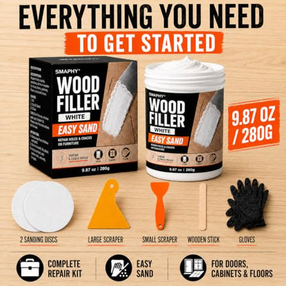 Wood Filler, Paintable & Sandable White Wood Putty for Hole & Crack Repair