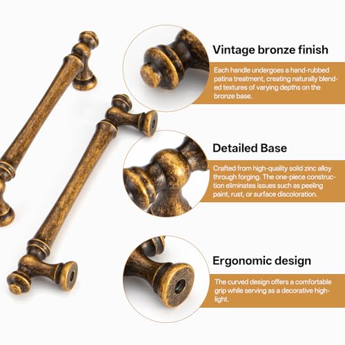 Liron Hardware 10 Pack Antique Brass 96mm Vintage Kitchen Cabinet Handles - size: 3.78 Inches (96mm) Hole Center
