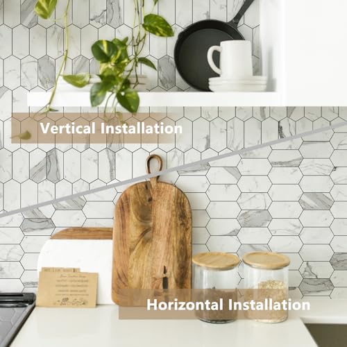 Vamos Tile Long Hexagon Peel and Stick Backsplash Tile - 10 Sheets Stick on Backsplash for Kitchen and Bathroom 12.4 x 12 Inch Glossy Carrara White PVC Self Adhesive Mosaic Wall Tiles - color: Glossy Carrara White