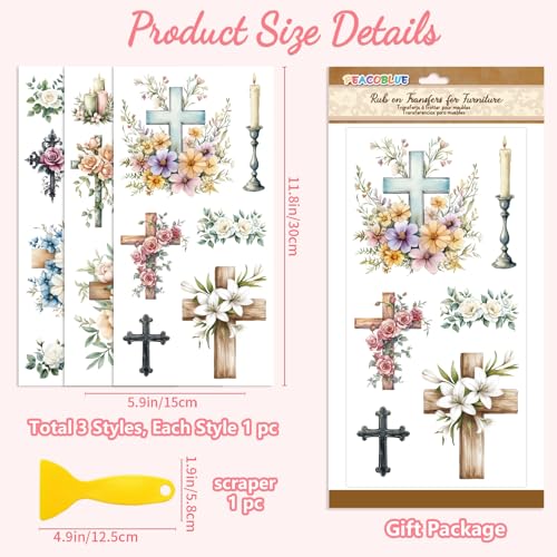 Peacoblue Flowers and Crosses Rub On Transfers for Furniture Craft 6"x12" - style: Flowers and Crosses
