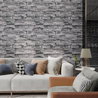 Grey Brick Wallpaper Peel and Stick 17.7"x 394" Newly Upgraded and Thickened Faux 3D Stone Wallpaper for Bathroom, Bedroom, Kitchen, Living Room - size: 17.7" x 393"