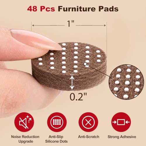 Felt Furniture Pads for Hardwood Floors - Non Slip Chair Leg Protectors with Silicone Gripper Dots - 0.2" Extra Thick Floor Protection for Dining Tables & Chairs, 1 Inch Round, 48 Pack, Brown