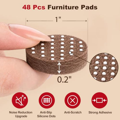 Felt Furniture Pads for Hardwood Floors - Non Slip Chair Leg Protectors with Silicone Gripper Dots - 0.2" Extra Thick Floor Protection for Dining Tables & Chairs, 1 Inch Round, 48 Pack, Brown