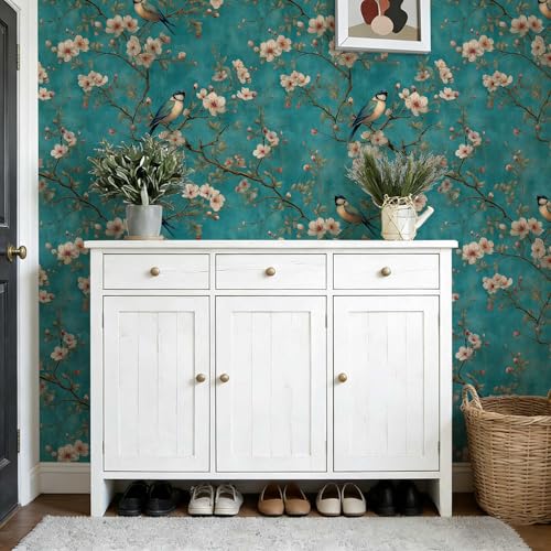 Bird Floral Peel and Stick Wallpaper, Teal Chinoiserie Botanical Wallpaper - color: ML-M091, size: 17.7" x 118"