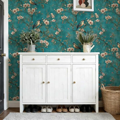 Bird Floral Peel and Stick Wallpaper, Teal Chinoiserie Botanical Wallpaper - color: ML-M091, size: 17.7" x 118"