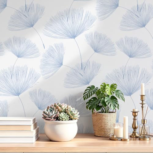 Safiyya Blue and White Peel and Stick Wallpaper Dandelion 17.3in x78.7in Contact Paper Peel and Stick Wall Paper Modern Boho Self Adhesive Removable Vinyl Wallpaper for Bedroom Bathroom - color: Blue/White, size: 17.3" x 78.7"