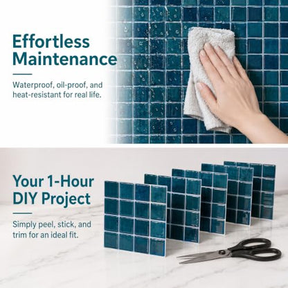 3D Mosaic Peel and Stick DIY Backsplash Tiles (24, Deep Ocean Teal) - color: Deep Ocean Teal