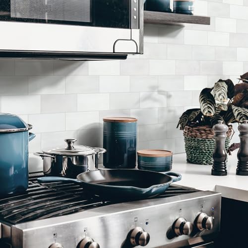 100-Sheet Subway Peel and Stick Backsplash Tile, 6" x 3" White Mixed Stone Composite Handmade Looks Self Adhesive Waterproof Wall Tile, Stick on Tiles for Kitchen Bathroom - color: White Mixed, size: Subway