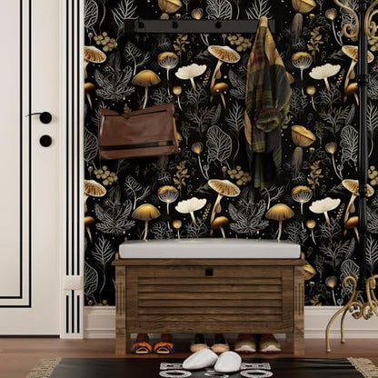 Laatse Dark Mushroom Wallpaper Peel and Stick 17.5" x 197",Black Gold - color: Black Gold, size: 17.5" x 197"