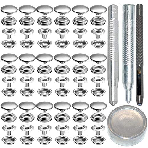 72pcs 15MM Stainless Steel Fastener Snap Press Stud Button for Marine Boat Canvas with Punching Set Tool Kit Silver (4 Components, 18pcs for Each) - color: Silver with Tools