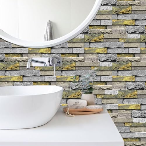 Alwayspon 24Pcs 12x6inch Peel&Stick Wall Sticker Vinly Wallpaper, Waterproof Backsplash for Kitchen Bathroom, Self-Adhesive Tile Transfers Decal Stick on Tiles with Yellow Stone Brick Effect - color: Fg-l14, size: 24 Pcs