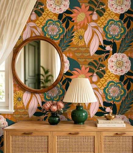 Floralplus Wallpaper Peel and Stick Renter Friendly Textured Wallpaper Boho - color: Orange