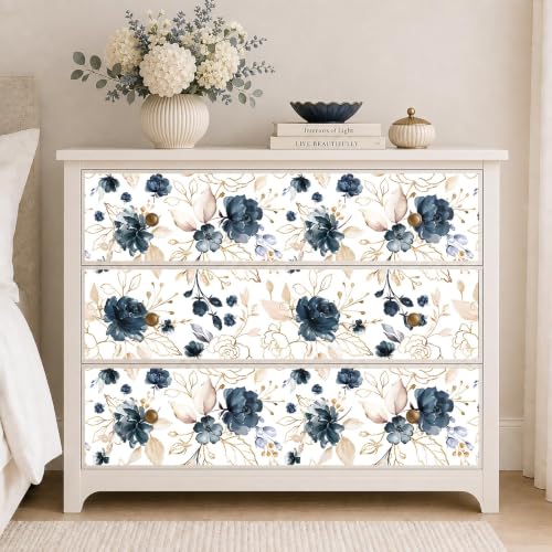 Navy Blue Floral Peel and Stick Wallpaper 17.7"x78.8" - color: Navy Blue/White/Gold/Beige, size: 17.7" x 78.8"