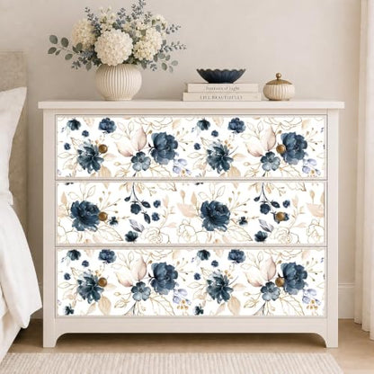 Navy Blue Floral Peel and Stick Wallpaper 17.7"x78.8" - color: Navy Blue/White/Gold/Beige, size: 17.7" x 78.8"