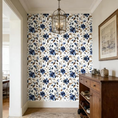 Modern Blue Floral Peel and Stick Wallpaper 17.7" x 124" - color: Blue/Brown, size: 17.7" x 124"