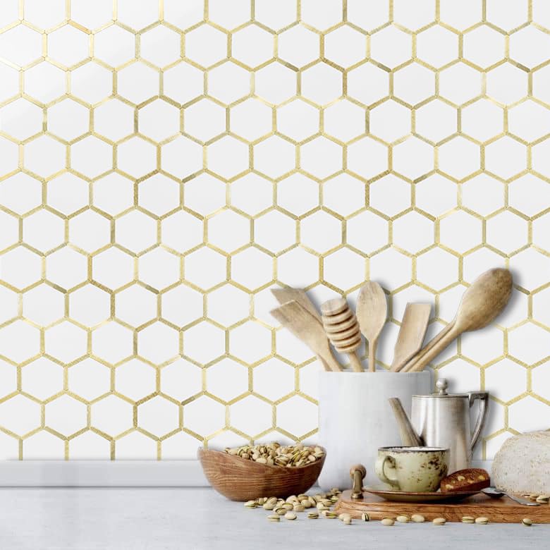 DICOFUN 10-Sheet Hexagon Peel and Stick Backsplash Tile, Polished White Tile Look Mixed Light Gold Kitchen Backsplash Peel and Stick Wall Tiles - color: White Tile + Light Gold Metal Frame, size: 10 Sheets, 12''x12''x0.12''