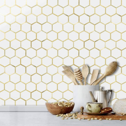 DICOFUN 1 Sheet Hexagon Peel and Stick Backsplash Tile, Polished Marble Look Mixed Light Gold Kitchen Backsplash Peel and Stick Wall Tiles - color: White Tile + Light Gold Metal Frame, size: 1 Sheet, 12''x12''x0.12''