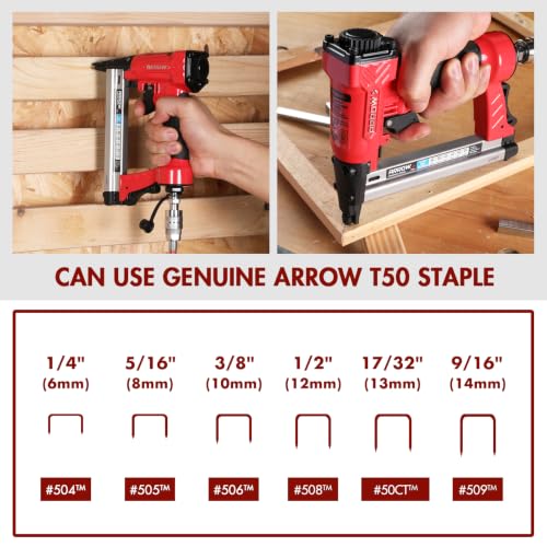 Arrow PT50 Oil-Free Pneumatic Staple Gun, Heavy-Duty Stapler, Red - size: 1 Unit