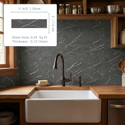 40-Sheet Flexible Stone Peel and Stick Backsplash Tile, 3" x 11.8" Black Marquina MCM Modified Clay Material Wall Covering, Subway Texture Self-Adhesive Wall Tiles for Kitchen Bathroom Fireplace - color: Black Marquina