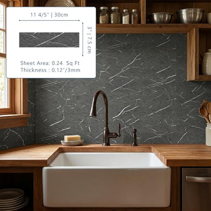 40-Sheet Flexible Stone Peel and Stick Backsplash Tile, 3" x 11.8" Black Marquina MCM Modified Clay Material Wall Covering, Subway Texture Self-Adhesive Wall Tiles for Kitchen Bathroom Fireplace - color: Black Marquina