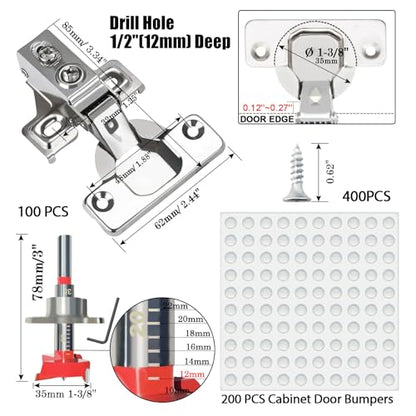 BESTEEL 100 Pack 1/2 inch Overlay Soft Close Cabinet Door Hinges for Kitchen Cabinet Hinge, 100 Degree Opening Angel, Stainless Concealed Kitchen Cabinets Hinge Self Closing with Drilling Tool &Manual - size: 100 PCS