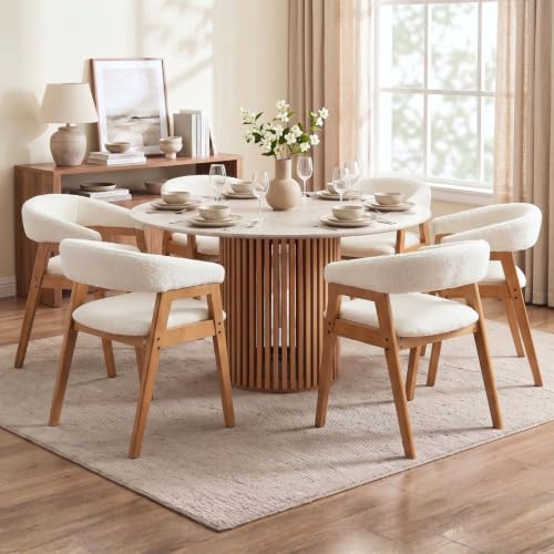CIMOTA Modern Dining Chairs with Arms Set of 6 Sherpa Upholstery Fabric Kitchen & Dining Room Chairs with Barrel Open Back/Solid Wood Legs, Comfortable Side Chairs, Boucle White - color: White & Light Brown