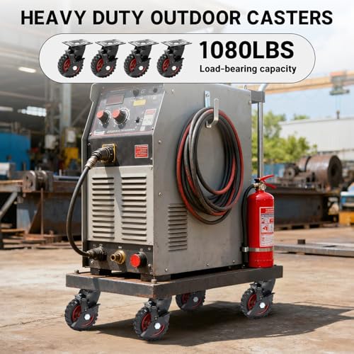5 Inch Outdoor Heavy Duty Casters Wheels Set of 4, Sturdy Large Rubber Casters with Brake, Industrial Grade Plate Swivel Castors 1080 LBS with Knobby Tread for Workbench, Cart, Chicken Coop - size: 5 IN